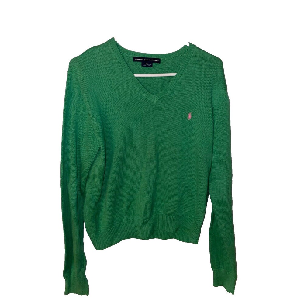Ralph Lauren Sport Sweater Womens XL Green V-Neck Pullover Pink Pony 100% Cotton